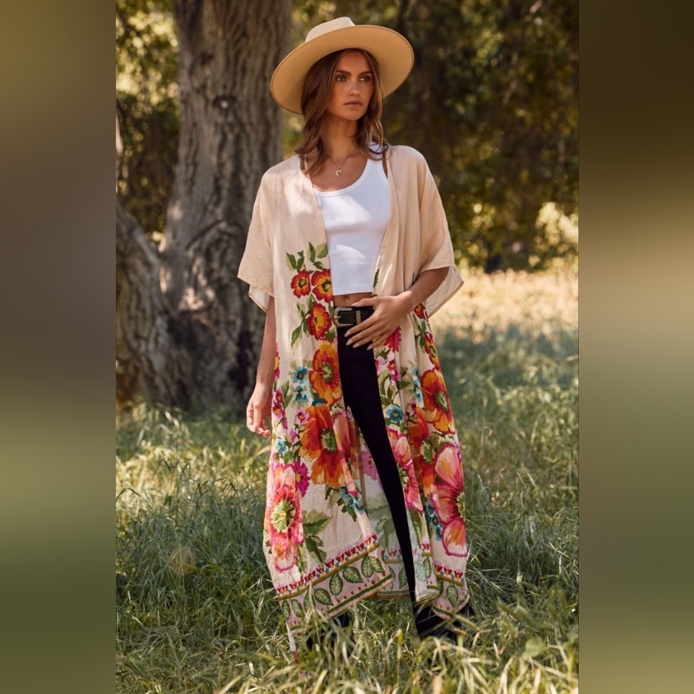 3-0129 *Boutique* Romantic Colorful Flowy Floral Wrap Around Kimono By ODDI